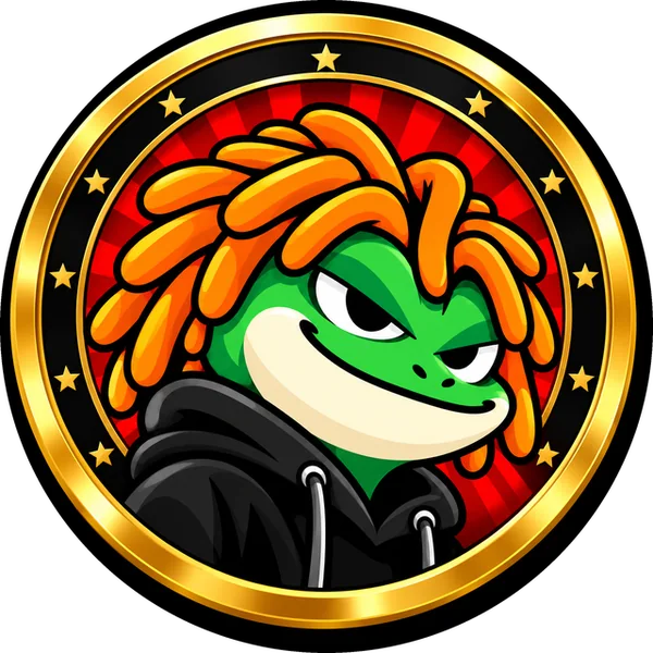 Pippy: a green frog with orange dreadlocks in a black hoodie, inside a gold star ring